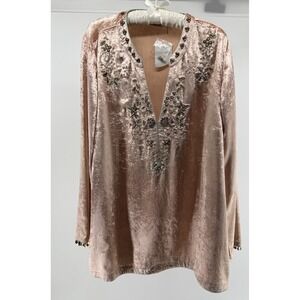 Soft Surroundings Velvet Tunic Top 1X Pink Beaded Embroidered Boho Luxe NWT